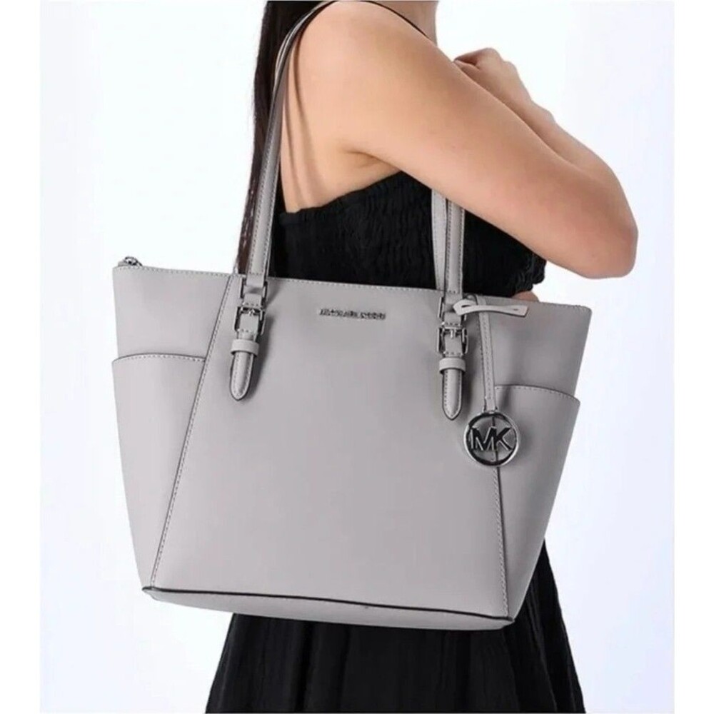 Perfect Michael Kors Jet Set Gray Leather Tote ShoulderBag AdjStrap MK Charm EuC